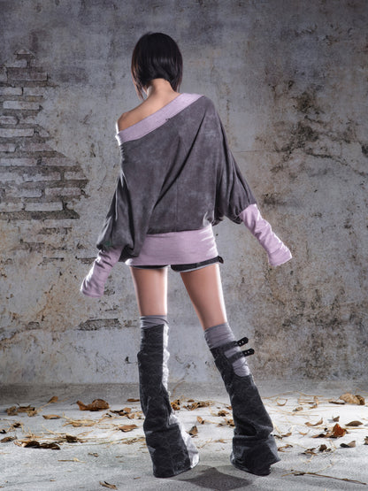 Original Fake Two-Piece Oversize Batwing Sleeve Floral Off-Shoulder Long Sleeve T-Shirts NA8353