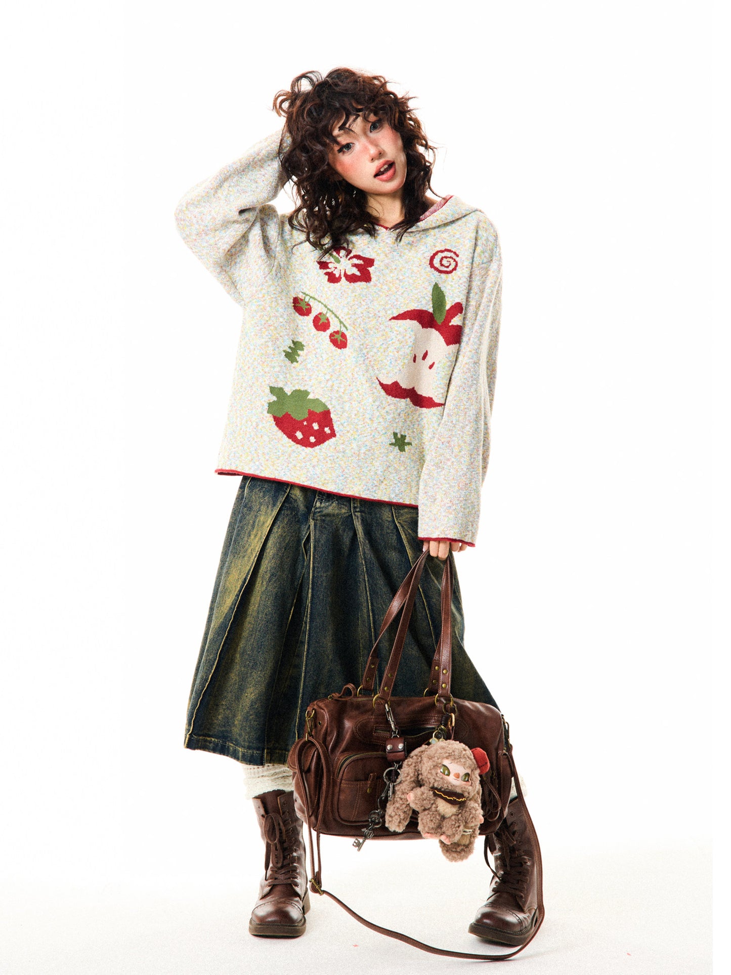 Fruit Pattern Knit Oversize Hoodie NA9351