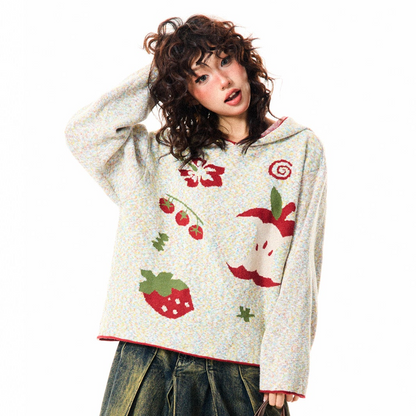 Fruit Pattern Knit Oversize Hoodie NA9351