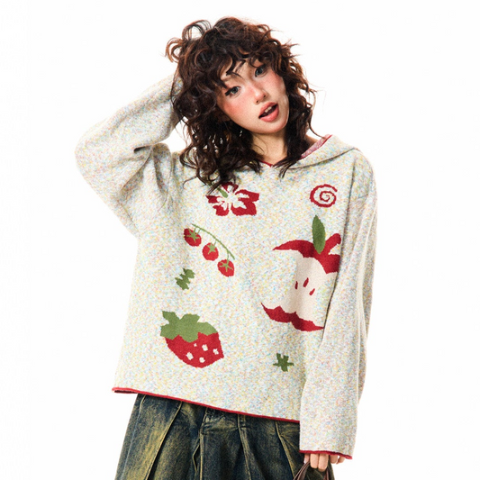 Fruit Pattern Knit Oversize Hoodie NA9351
