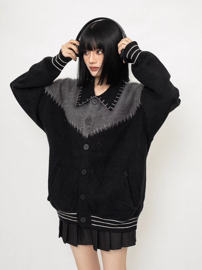 Contrast Color Polo Neck Knit Cardigan NA2605