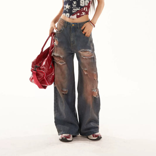 Damage Wide Leg Denim Jeans NA3904