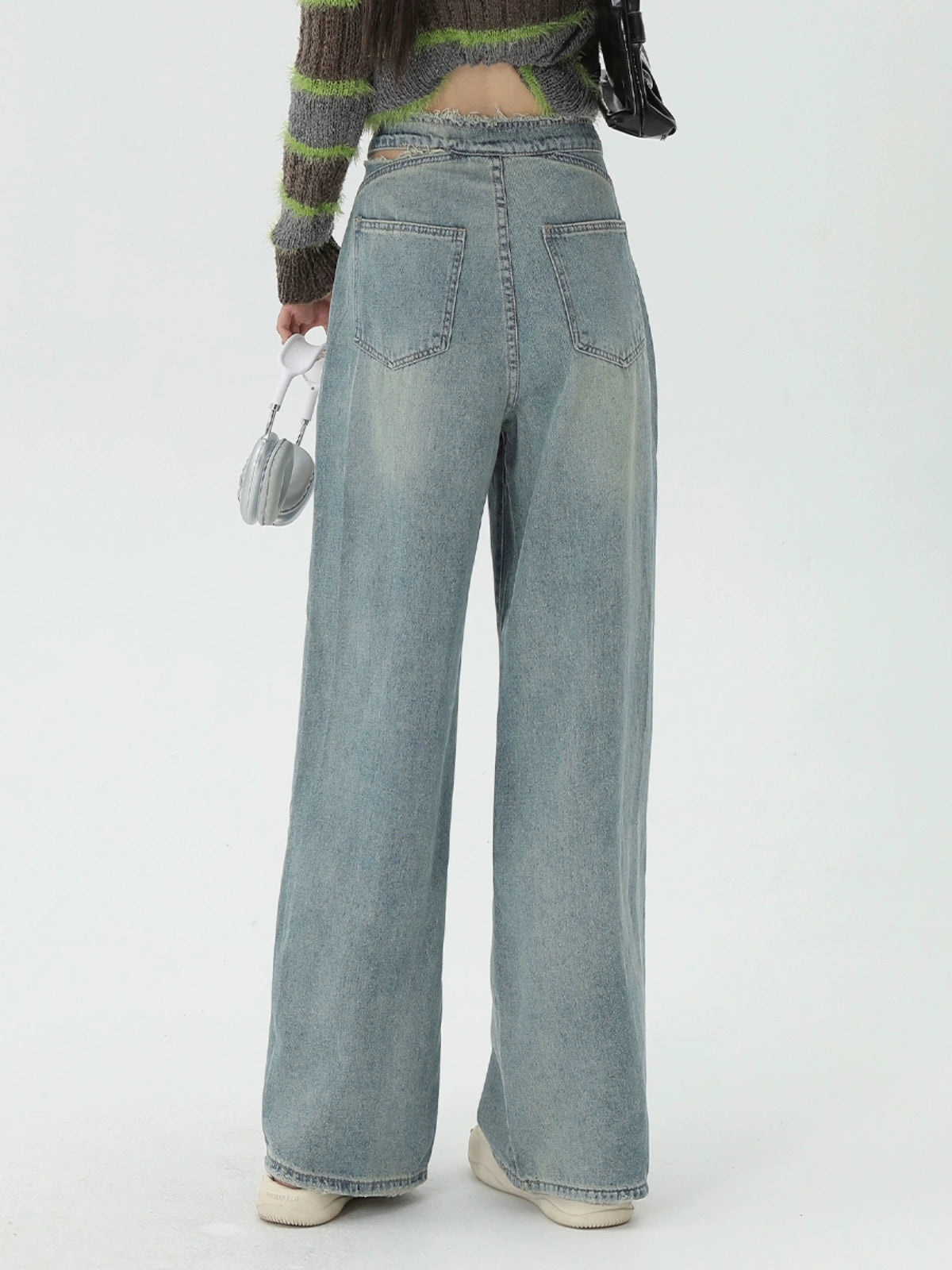 Asymmetrical Waistband Wide-Leg Straight Denim Jeans NA3310