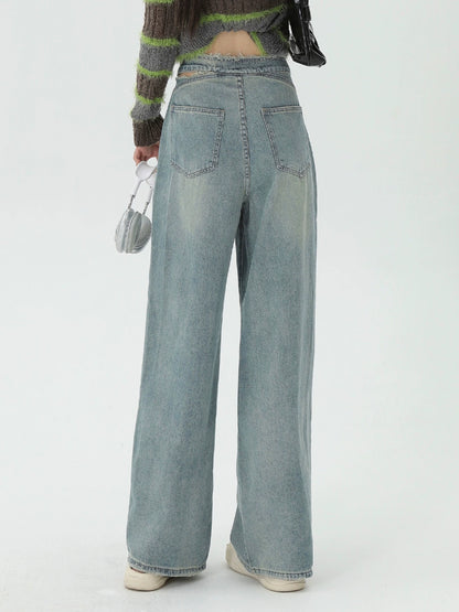 Asymmetrical Waistband Wide-Leg Straight Denim Jeans NA3310