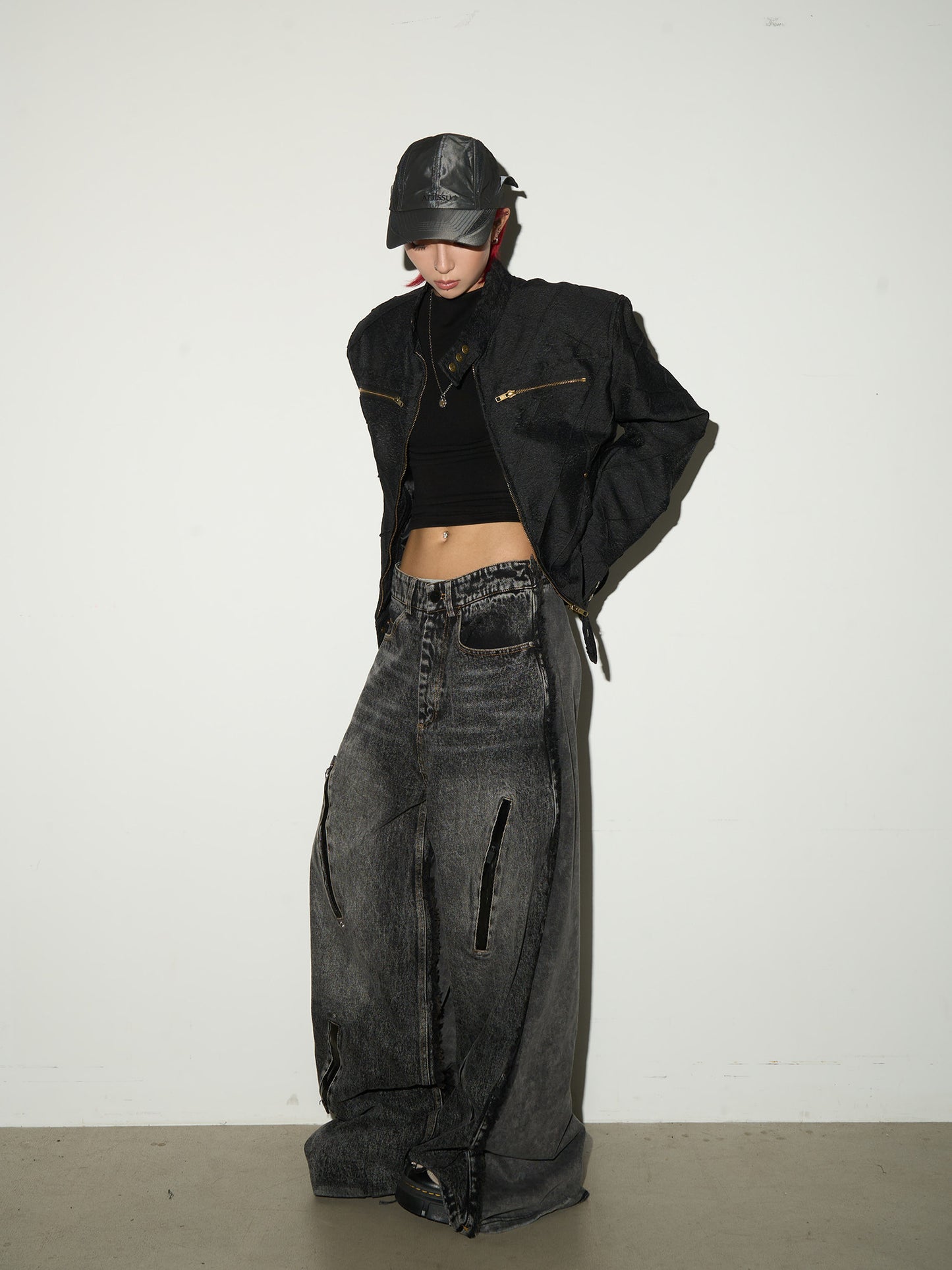 Washed Fray Zipper Detail Wide Leg Denim Jeans NA9191