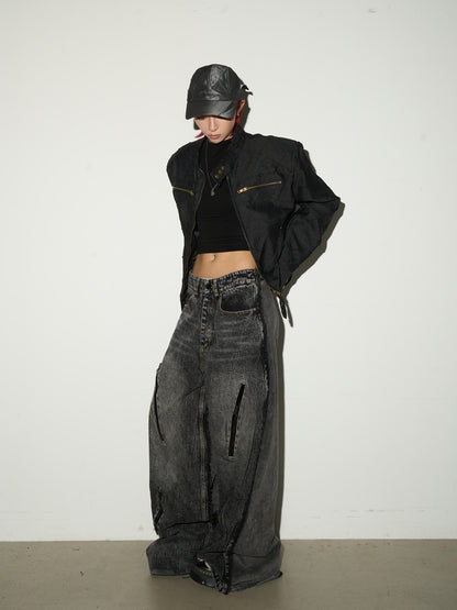 Washed Fray Zipper Detail Wide Leg Denim Jeans NA9191