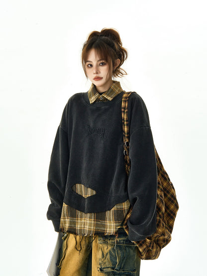 Plaid Stitching Fake Layered Sweatshirt NA2933