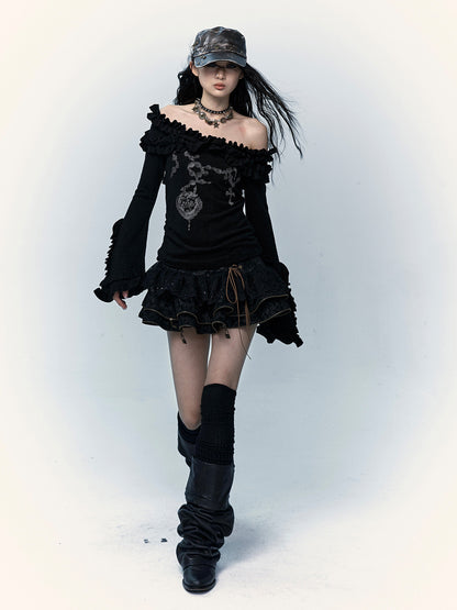 Ruffle Print Flare Sleeve Long Sleeve T-Shirt NA8983