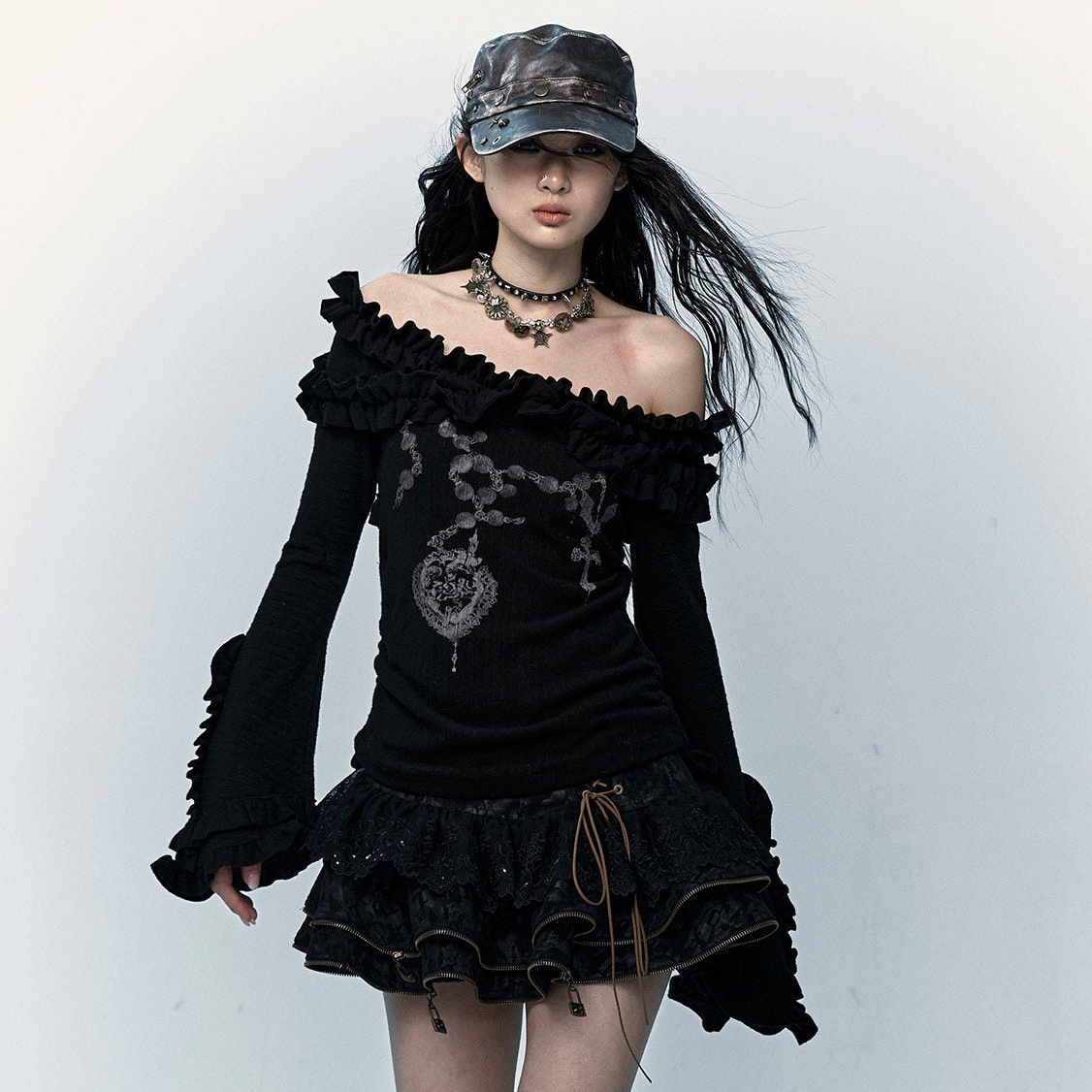 Ruffle Print Flare Sleeve Long Sleeve T-Shirt NA8983