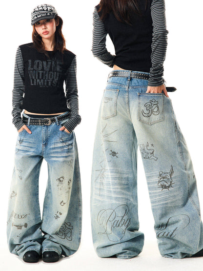 Washed Graffiti Print Wide Leg Denim Jeans NA9380