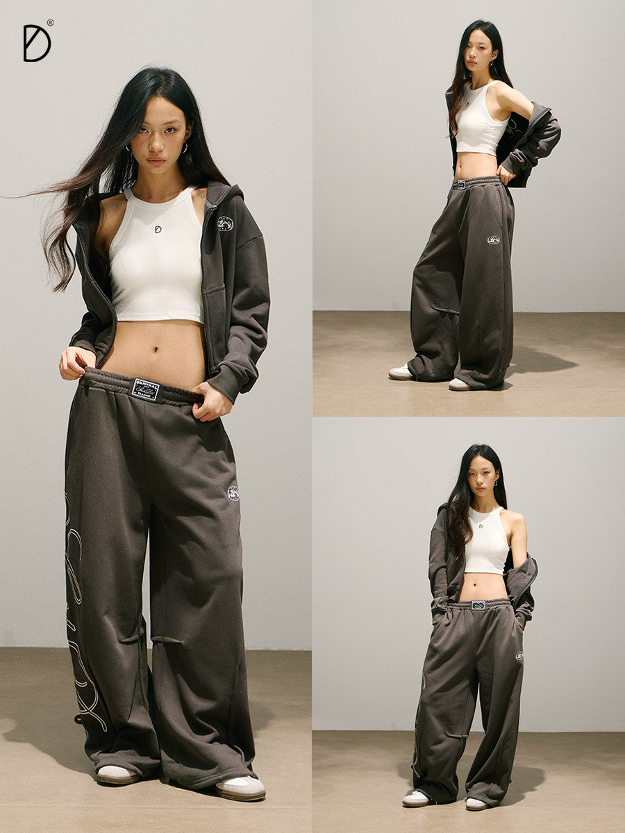 Letter Print Zipper Hoodie & Letter Print Wide Leg Sweatpants Setup NA8937