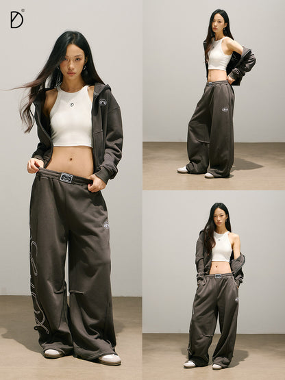 Letter Print Zipper Hoodie & Letter Print Wide Leg Sweatpants Setup NA8937