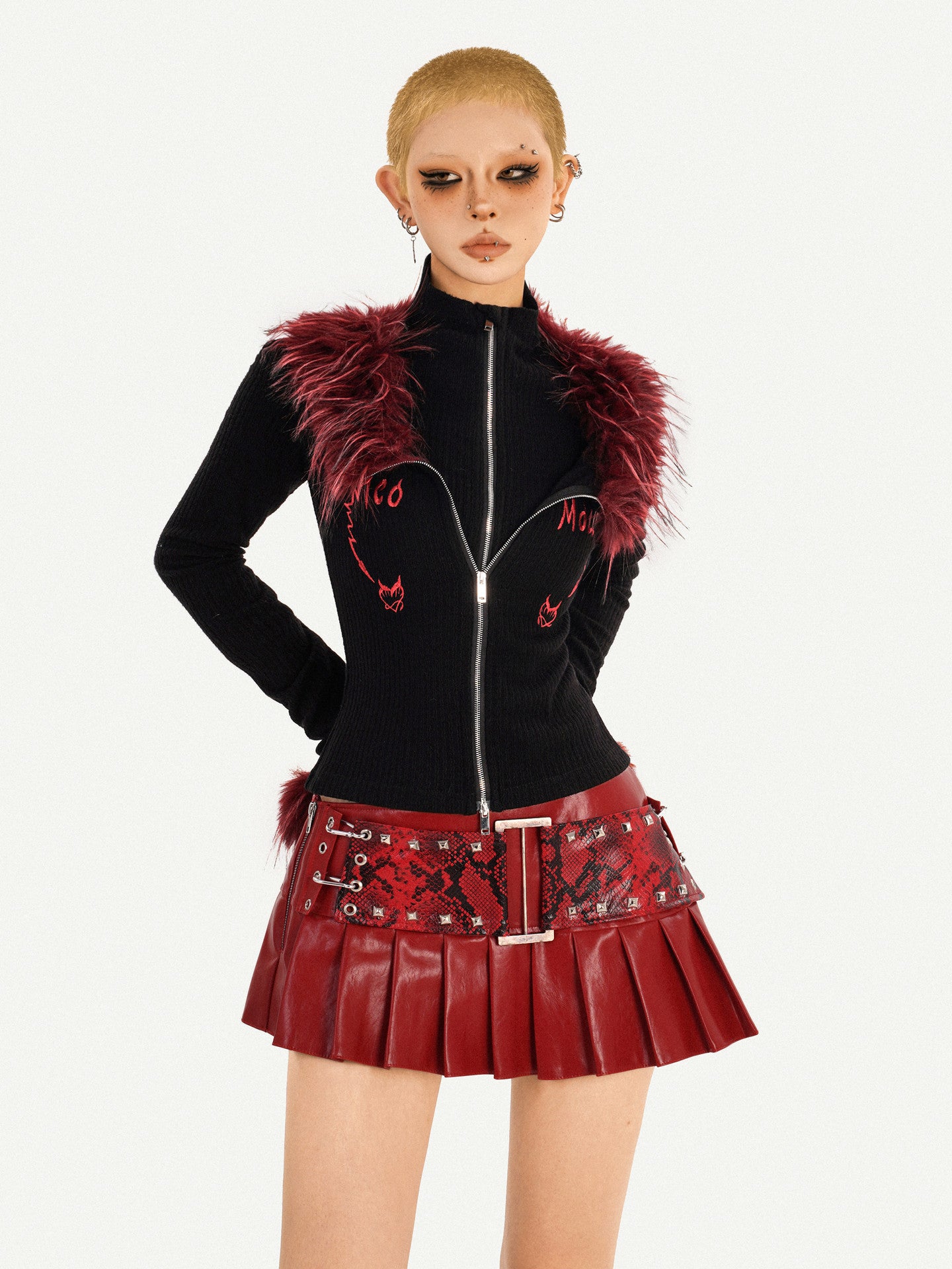 Fake Layered Double Zipper Flame Fake Fur Collar Knit Cardigan NA8601