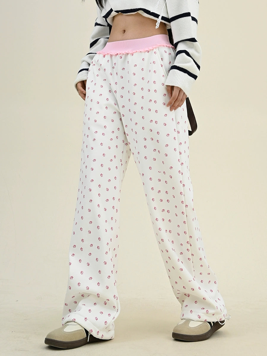 Oversize Allover Cat Paw Print Wide-Leg Pants NA6298