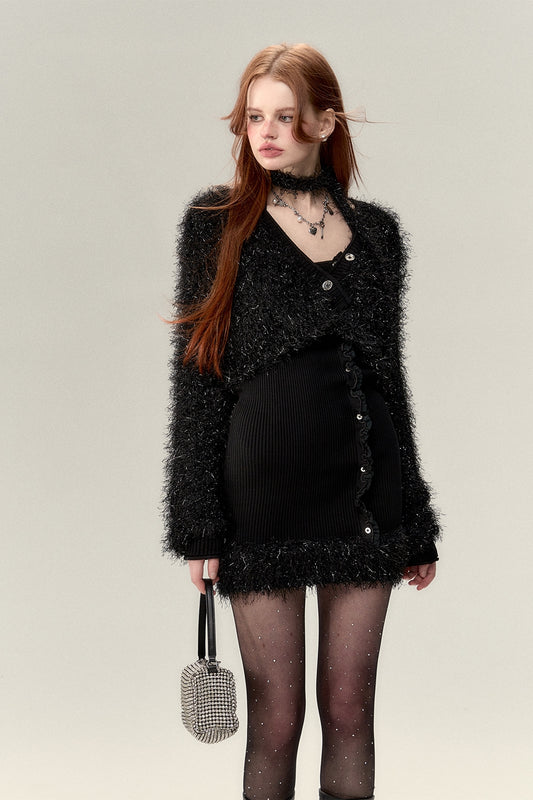 V-neck Furry Knit Cardigan & Arm Cover Hanging Neck Dress NA4809