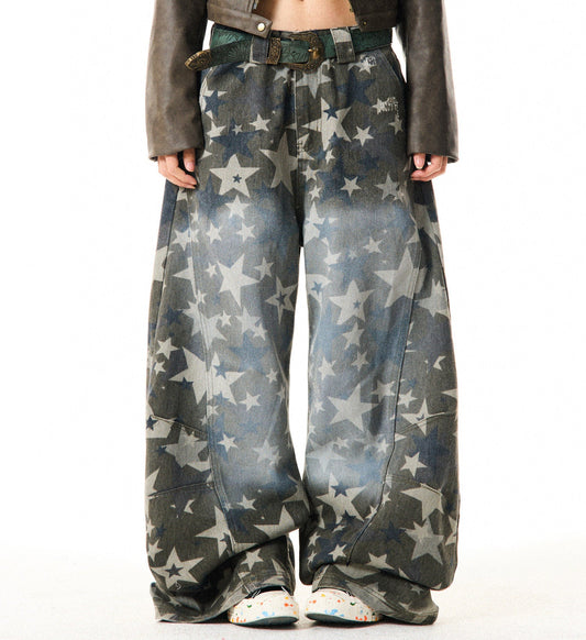 Star Print Damage Wide Leg Denim Jeans NA9313