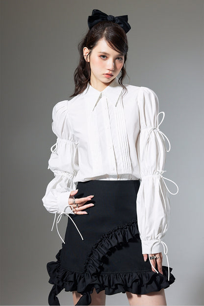 Lantern Sleeves Wrinkled Bow Shirt NA5350