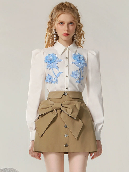 Flower Embroidery Long Sleeve Shirt & Bow Short Skirt Setup NA5507