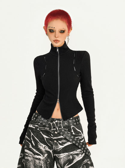 Double Zipper Fitted Long Sleeve Slim Knit Cardigan NA8578