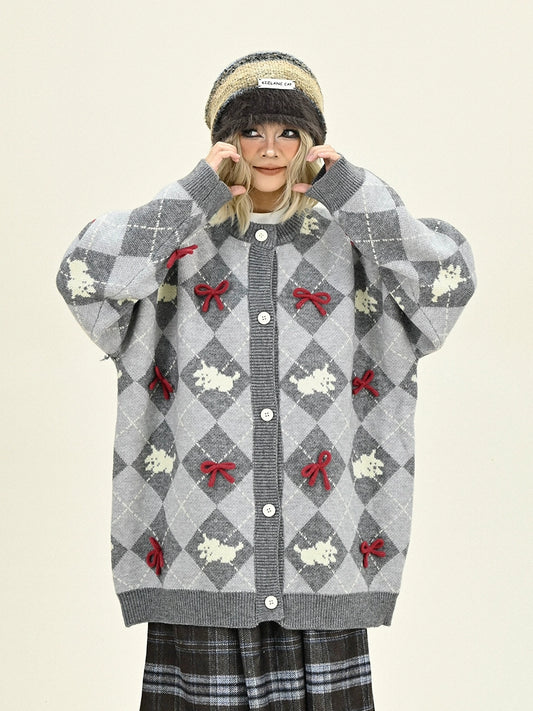 3D Bow Argyle Pattern Knit Cardigan NA6208