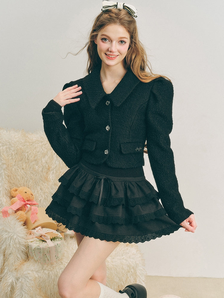 Cropped Bubble Sleeves Wool Jacket & Bow NA5907