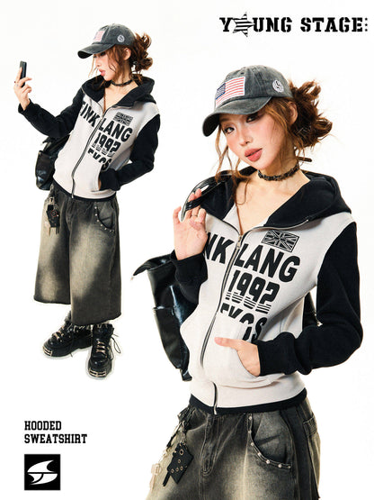 Color Block Letter Print Fitted Zipper Hoodie NA9363
