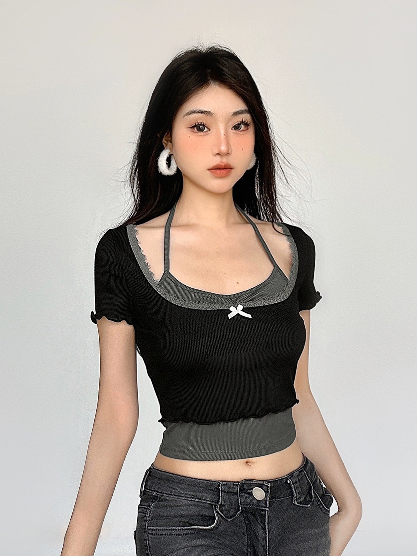 Lace Fake Layered Hanging Neck Short Sleeve T-shirt NA4507