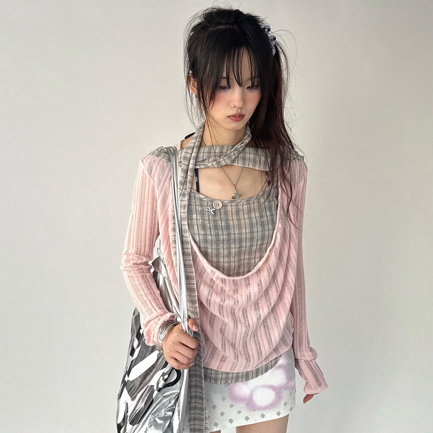Plaid Ripped Fake Layered Long Sleeve T-Shirt NA9253