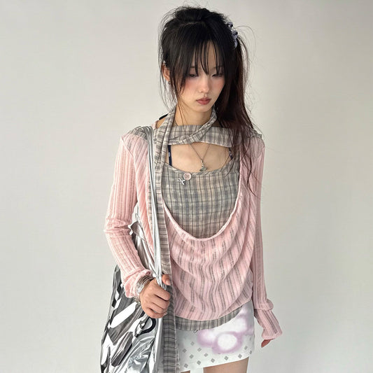 Plaid Ripped Fake Layered Long Sleeve T-Shirt NA9253