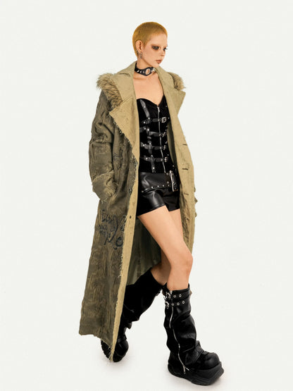 NA8566 Milk Cool Mo Li original retro heavy industry mid-length trench coat jacket autumn and winter loose design coat hooded fur collar NA8566