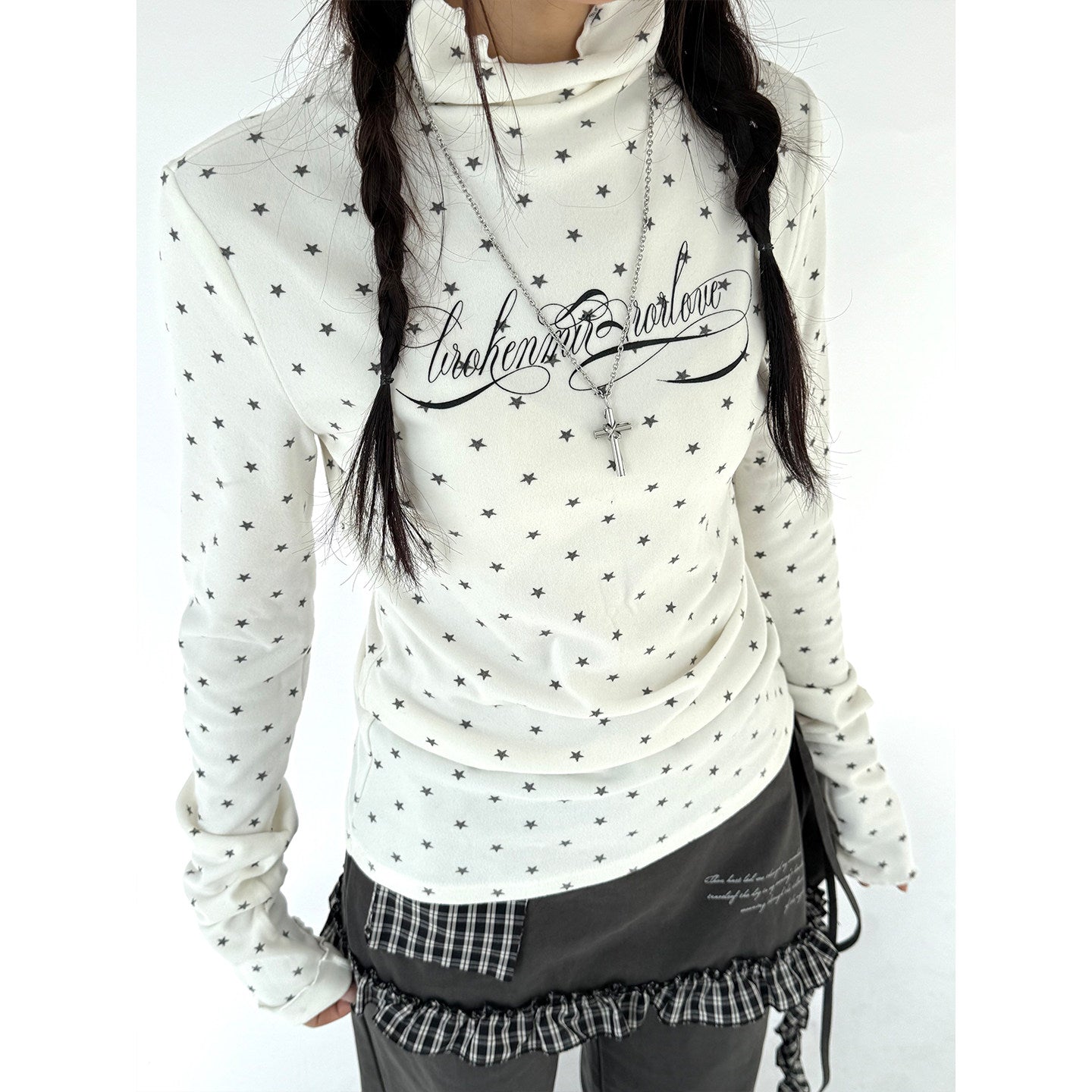 Polka Dot Print High-Neck Long Sleeve T-Shirt NA9255