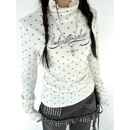 Polka Dot Print High-Neck Long Sleeve T-Shirt NA9255