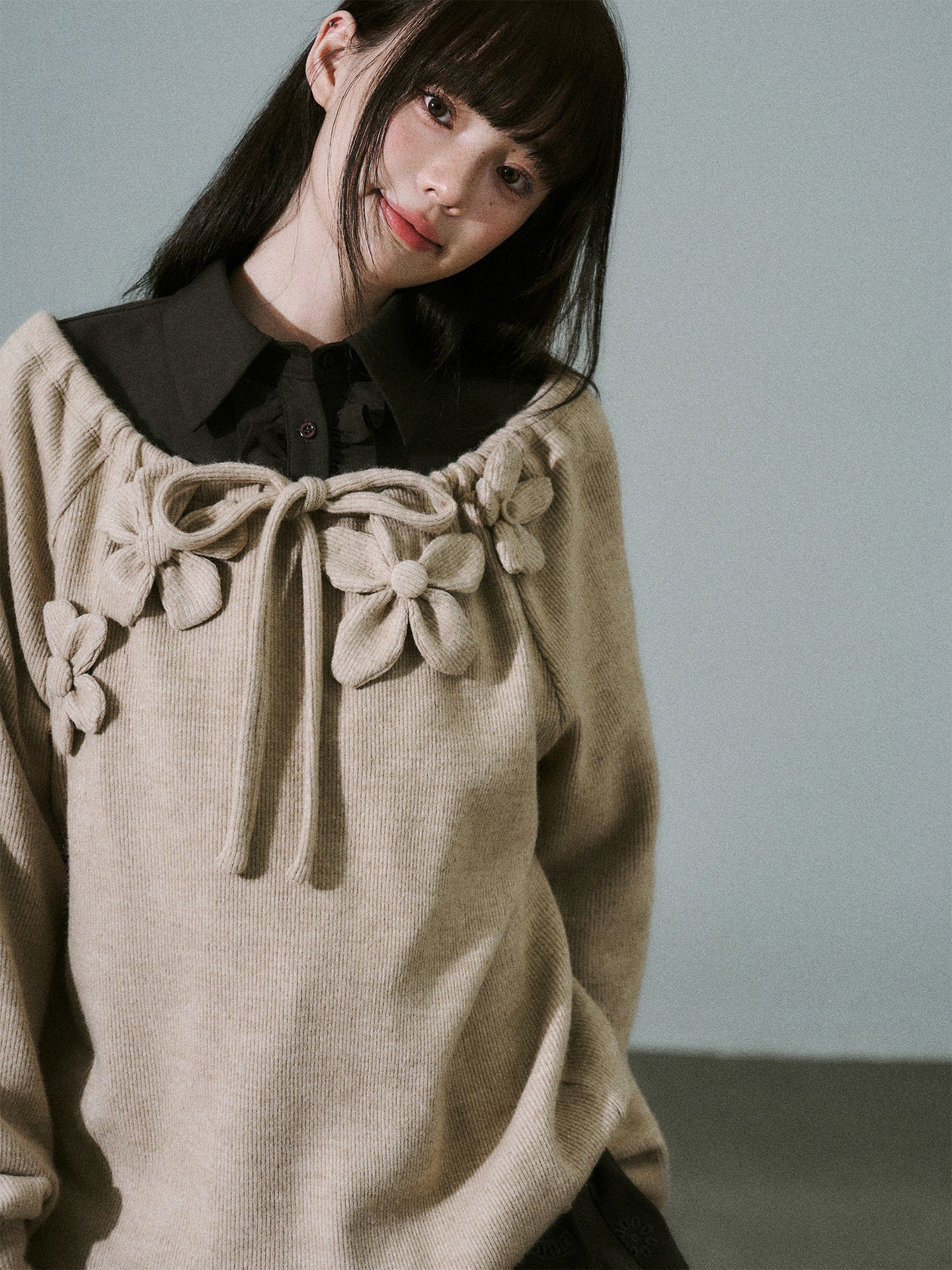 Handmade Flower Drawstring Wool Fake Layered Knit Sweater NA8802