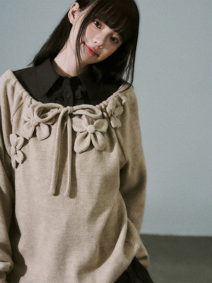 Handmade Flower Drawstring Wool Fake Layered Knit Sweater NA8802