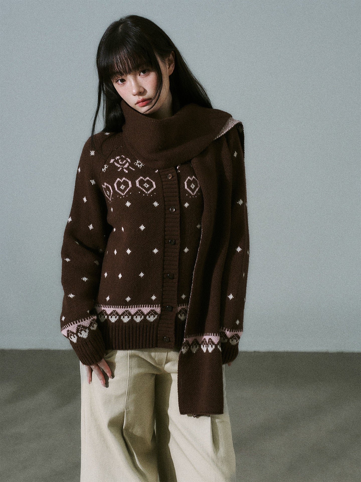 Fair Isle Pattern Wool Blend Scarf Knit Cardigan NA8791