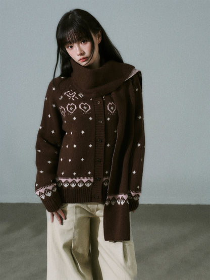 Fair Isle Pattern Wool Blend Scarf Knit Cardigan NA8791
