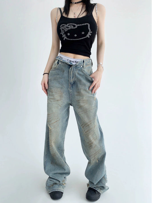 Washed Damage Wide Leg Straight Denim Jeans NA2865