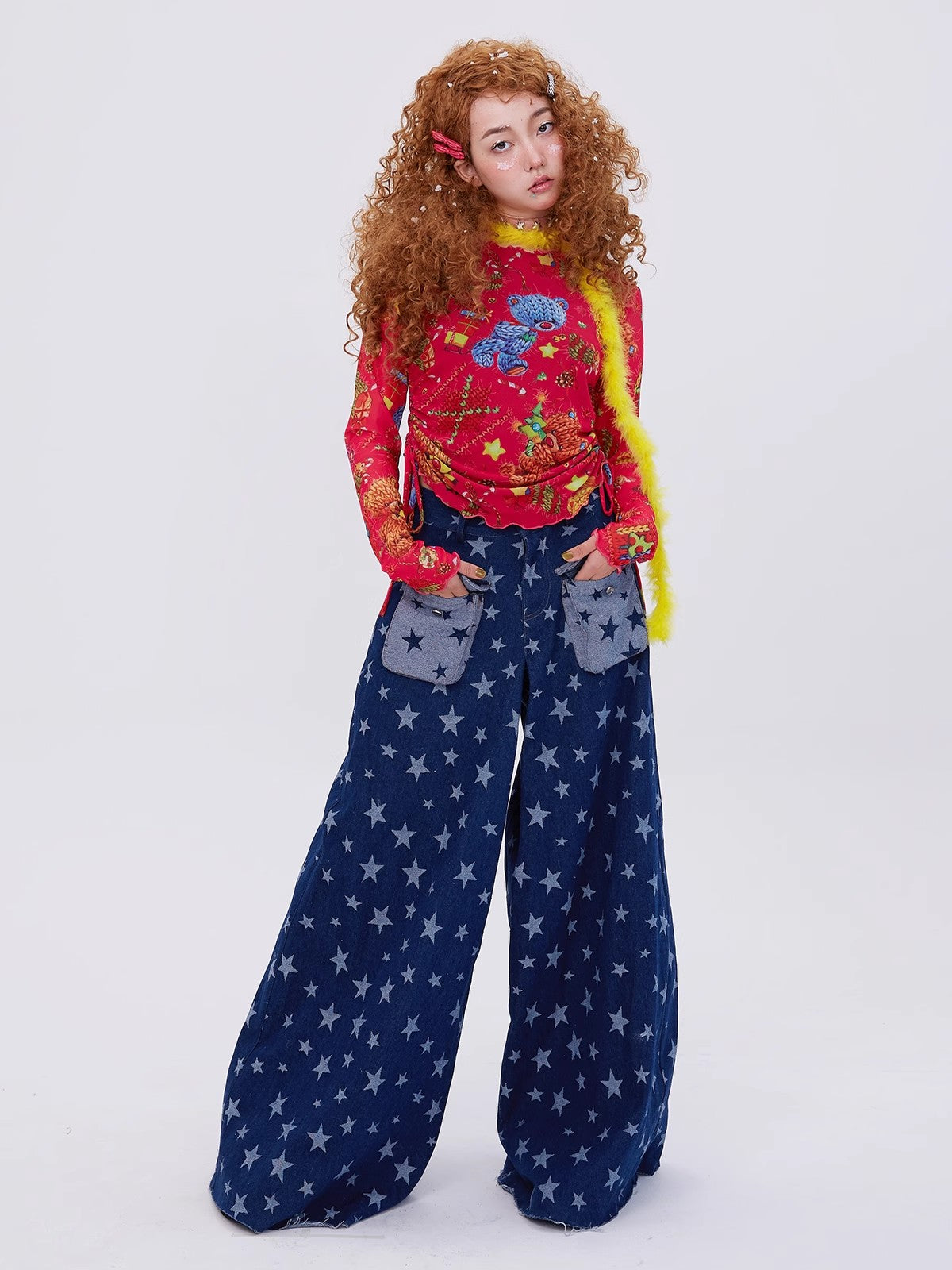 High-Waist Star Pattern Wide-Leg Denim Jeans NA6507