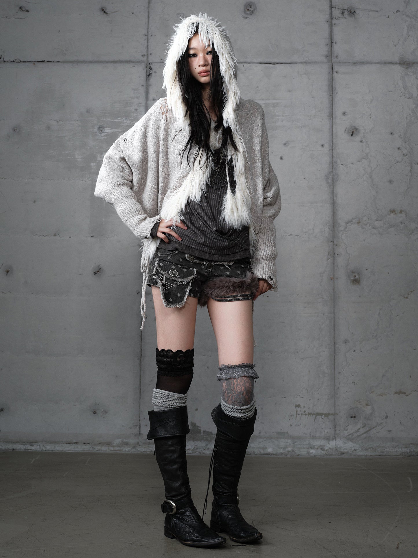 Fake Fur Trim Drawstring Oversize Knit Cardigan NA9005