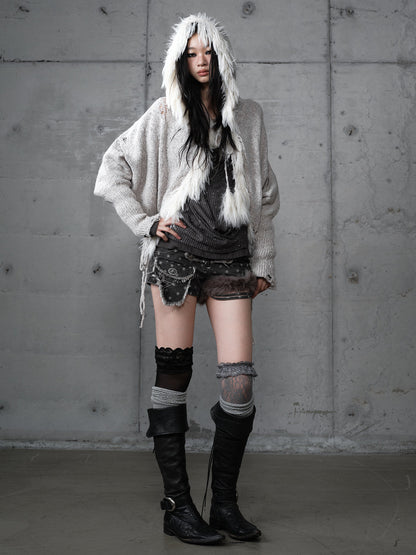 Fake Fur Trim Drawstring Oversize Knit Cardigan NA9005