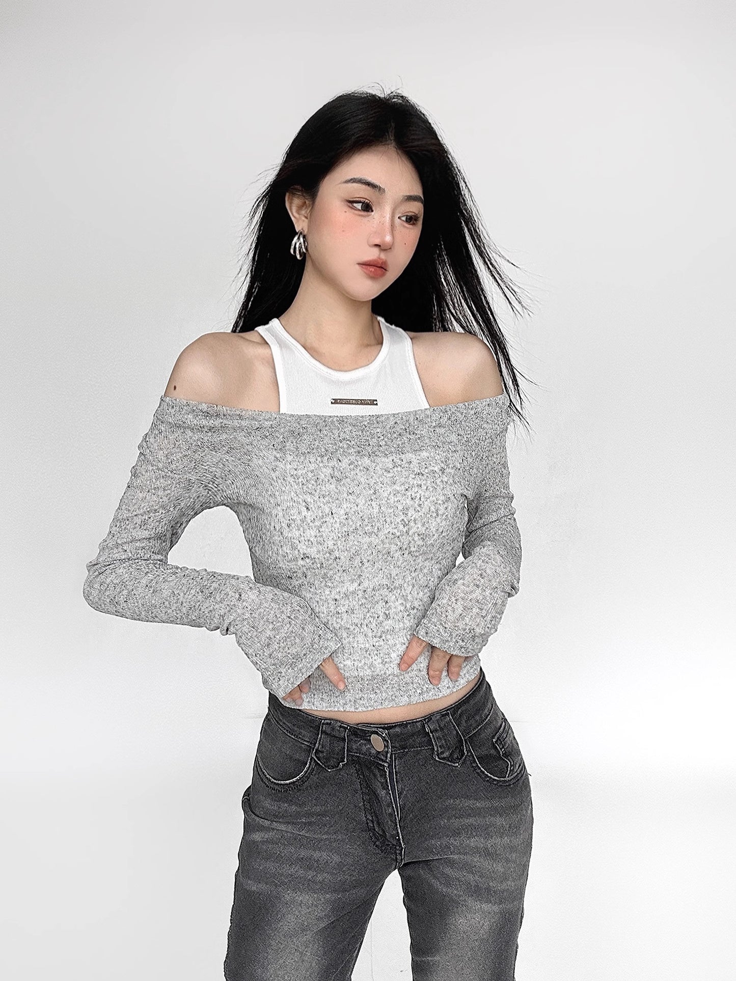 Off Shoulder Long Sleeve Knit Sweater Two Piece Set NA4641