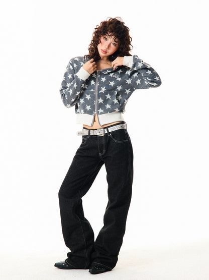 Star Print Cropped Zip-Up Hoodie NA9405