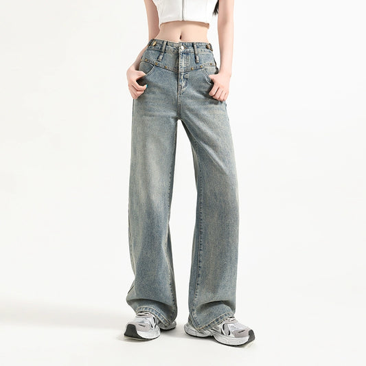 Washed Wide-Leg Straight Denim Jeans NA3296