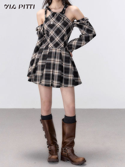 Shoulder Cut Plaid A-line Pleated Dress NA4916