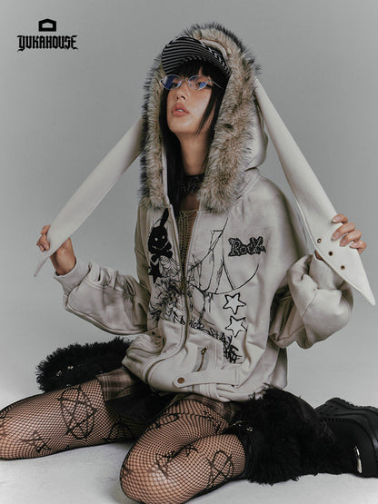 Graphic Fake Fur Hood Bunny Ear Zipper Hoodie Jacket NA8923