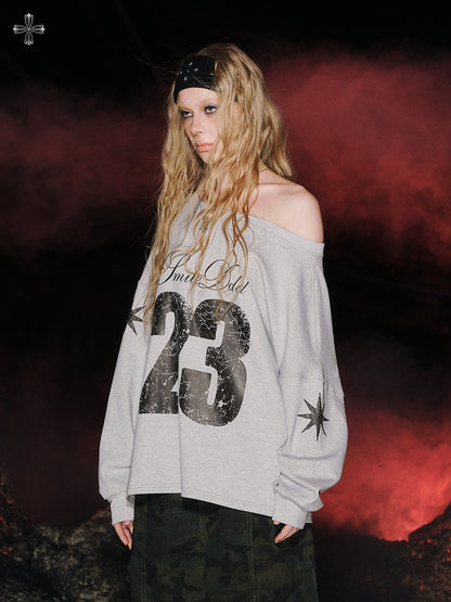 Number Print Off-Shoulder Long Sleeve T-Shirt NA8931