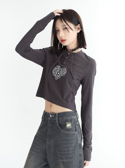 Heart Icon Print Slim Fit Short Long-sleeve Top NA2744