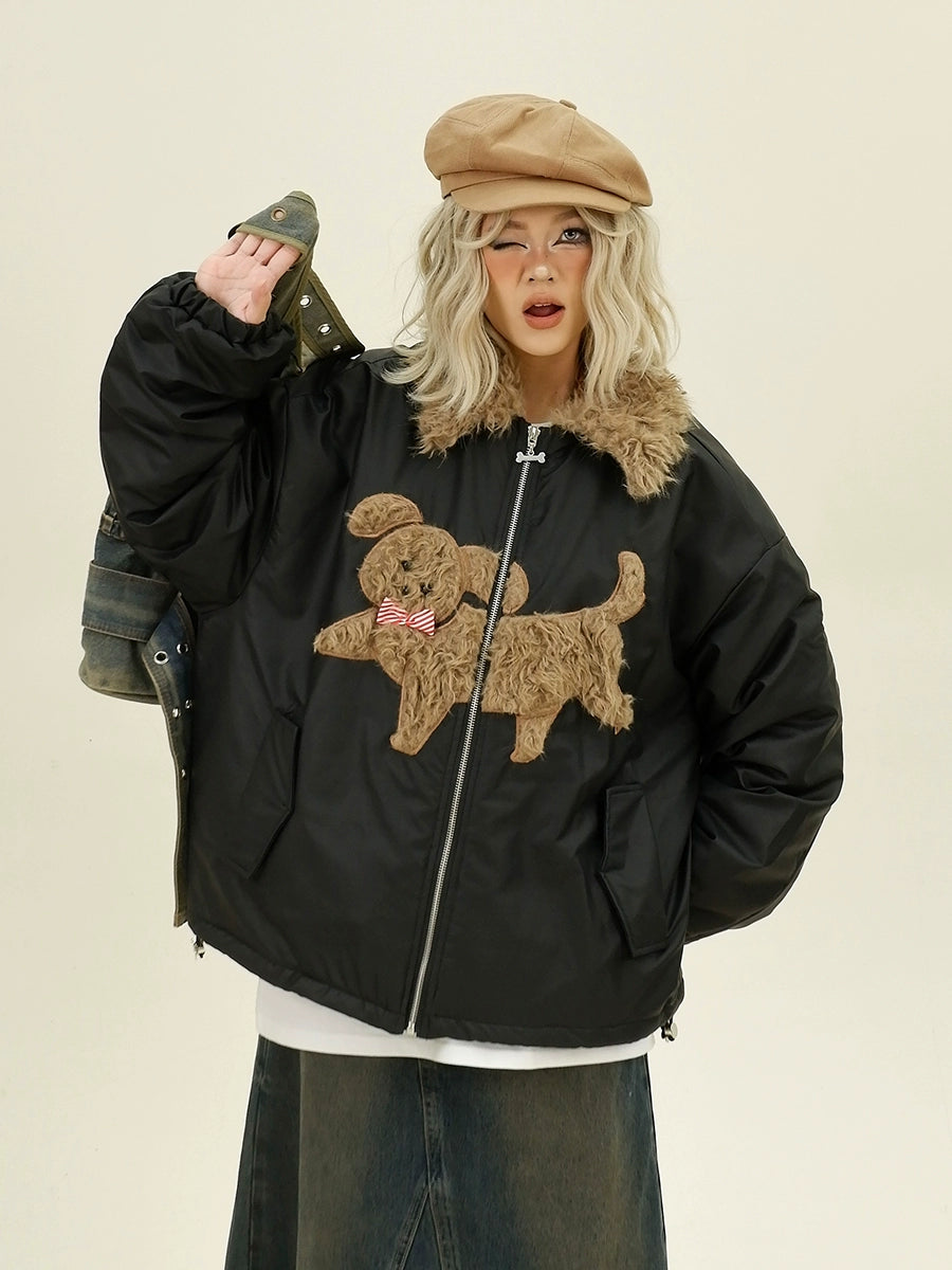 Fake Fur Collar Dog Design Zipper Puffer Jacket NA6357