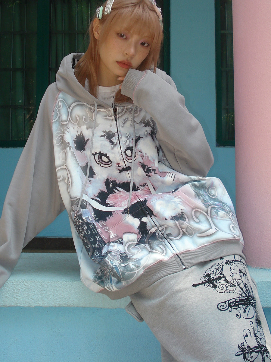 Rabbit Print Oversize Zipper Hoodie NA6608