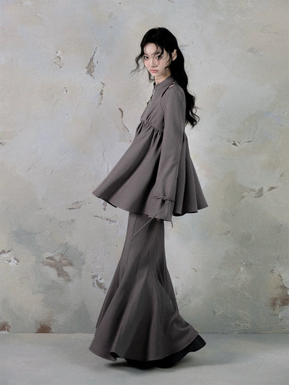 Ruffle Long Sleeve Shirt & Fishtail Long Skirt Setup NA5605